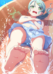  aqua_hair bang_dream! bare_shoulders barefoot bikini bikini_skirt blue_bikini blush breasts commentary_request commission covering_breasts covering_privates crossed_arms feet female foot_focus from_below full_body green_eyes hair_between_eyes hair_ornament highres hikawa_sayo lens_flare light_rays long_hair looking_at_viewer lying medium_breasts midriff navel on_back open_mouth sakamata_(sakamata4) sidelocks skeb_commission sliding soles solo sunbeam sunglasses sunlight swept_bangs swimsuit toes water water_slide x_hair_ornament 