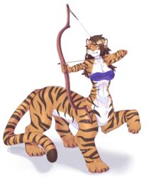  2022 absurd_res arrow_(weapon) arztin bandeau black_stripes bottomless bow_(weapon) bracelet breasts brown_hair cheek_tuft cleavage clothed clothing countershading facial_tuft felid felid_taur female full-length_portrait fur gold_(metal) gold_jewelry hair hi_res holding_bow_(weapon) holding_object holding_ranged_weapon holding_weapon inner_ear_fluff jewelry looking_at_viewer mammal mammal_taur midriff orange_body orange_fur pantherine pantherine_taur paws portrait purple_clothing purple_topwear raised_leg ranged_weapon sagittarius_(zodiac) signature simple_background smile solo strapless_clothing strapless_topwear stripes taur tiger tiger_taur topwear tori_taxel tuft weapon western_zodiac white_background white_body white_countershading white_fur white_inner_ear_fluff yellow_eyes 