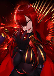  backlighting black_background breasts cape chains fate/grand_order fate_(series) female gloves hair_over_one_eye large_breasts looking_at_viewer nekosama_shugyouchuu oda_nobunaga_(fate) oda_nobunaga_(maou_avenger)_(fate) open_mouth red_cape red_eyes red_hair smile solo teeth v-shaped_eyebrows 