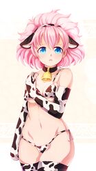  :o absurdres animal_ears animal_print bare_shoulders bell black_collar blue_eyes breasts clenched_hand collar commentary_request cow_print cowboy_shot detached_sleeves dungeon_toaster earrings fake_animal_ears female forehead hair_between_eyes hand_up highres jewelry looking_at_viewer medium_hair navel neck_bell open_mouth panties pink_hair rance_(series) shiny_skin side-tie_panties sill_plain solo thighhighs thighs two-tone_background underwear 