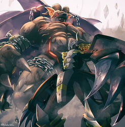  armor artist_name belphemon belphemon_rage_mode blackwargreymon blonde_hair chains claws commentary digimon digimon_(creature) fangs feet_out_of_frame from_below helm helmet highres horns kubota_keita looking_at_another looking_up monster muscular open_mouth red_eyes sharp_teeth short_hair size_difference teeth wings yellow_eyes 