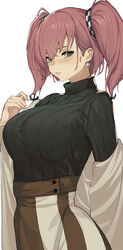  absurdres anchor_hair_ornament atlanta_(kancolle) black_sweater blue_eyes blush breasts closed_mouth coat commentary earrings female hair_between_eyes hair_ornament highres jewelry kantai_collection large_breasts long_sleeves looking_at_viewer official_alternate_costume open_clothes open_coat oweee pink_hair ribbed_sweater simple_background single_earring skirt solo star_(symbol) star_earrings sweater turtleneck turtleneck_sweater two_side_up upper_body white_background 