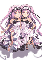  2girls arm_around_waist bare_shoulders boshi_(a-ieba) bracelet choker commentary_request dress euryale_(fate) face-to-face fate/grand_order fate/hollow_ataraxia fate_(series) feet hairband hand_on_own_hip highres jewelry legs lolita_hairband long_hair multiple_girls open_mouth purple_hair sandals siblings side_ponytail side_slit simple_background sisters smile stheno_(fate) strapless strapless_dress toes twins white_background white_dress 