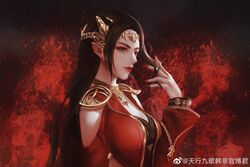  black_hair cai_lin_(doupo_cangqiong) doupo_cangqiong dress female from_side hair_ornament hand_in_own_hair highres long_hair mei_du_sha_nuwang_zhuye red_dress red_nails solo upper_body weibo_logo 