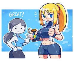  2girls :&gt; :&lt; abs ass bike_shorts blonde_hair blue_background blue_eyes blue_shorts blush_stickers bottle breasts closed_mouth colored_skin commentary cowboy_shot crop_top crossed_legs crossover english_commentary grey_hair hair_between_eyes hand_up highres holding long_hair looking_at_viewer metroid midriff multiple_girls open_mouth outline ponytail rariatto_(ganguri) samus_aran shorts smile sparkle standing sweat thumbs_up water_bottle white_outline white_skin wii_fit wii_fit_trainer wii_fit_trainer_(female) 