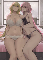  2girls absurdres alternate_costume backlighting bare_shoulders black_bra black_panties blonde_hair blue_eyes blush bra breasts cleavage collarbone fate/apocrypha fate/grand_order fate_(series) grey_hair highres jeanne_d&#039;arc_(fate) jeanne_d&#039;arc_(ruler)_(fate) jeanne_d&#039;arc_alter_(avenger)_(fate) jeanne_d&#039;arc_alter_(fate) kakeku large_breasts long_hair looking_at_viewer multiple_girls navel panties smile stomach thighs underwear very_long_hair white_bra white_panties yellow_eyes yuri 