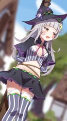  :d arms_behind_back black_capelet black_hat black_skirt blurry blurry_background blush capelet crop_top day female grey_hair hair_bun hair_ornament hat highres hololive long_hair long_sleeves midriff miniskirt murasaki_shion murasaki_shion_(1st_costume) navel orobou outdoors restrained skirt smile solo stake striped_clothes striped_skirt striped_thighhighs thighhighs vertical-striped_clothes vertical-striped_skirt vertical-striped_thighhighs virtual_youtuber witch_hat yellow_eyes 