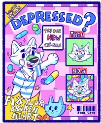  2023 absurd_res advertisement anthro anti_depressants band-aid bandage barcode blood bodily_fluids border broken_heart checkered checkered_background closed_eyes clothed clothing colorful_theme comparing dialogue domestic_cat drugs english_text eyebrows felid feline felis frown fur heart_symbol hi_res looking_at_viewer male mammal notched_ear number open_mouth open_smile pattern_background pills pink_background shirt simple_background smile solo sparkles star talking_to_viewer tears teeth text tongue topwear tuft white_border wide_eyed zorro_chino 