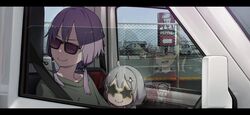  3girls ahoge alternate_hair_length alternate_hairstyle animal_hair_ornament bird blonde_hair bucket car chicken closed_eyes closed_mouth colonel_sanders drive-thru glasses green_shirt grey_hair headset highres kfc kizuna_akari kuz letterboxed motor_vehicle multiple_girls nervous_smile open_mouth purple-tinted_eyewear purple_hair reflection seatbelt shirt short_hair sidelocks smile smug star-shaped_eyewear star_(symbol) sunglasses tinted_eyewear translated tsurumaki_maki uniform v-shaped_eyebrows vocaloid voiceroid white_car window yuzuki_yukari 