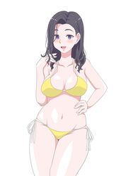  :d bikini black_hair blush earrings female hakata_maki halterneck hand_on_own_hip hand_up highres jewelry navel open_mouth osage_gankyou oshi_ga_budoukan_itte_kuretara_shinu purple_eyes side-tie_bikini_bottom smile solo standing string_bikini stud_earrings swimsuit white_background yellow_bikini 