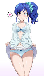  absurdres acchi_(koiyimknp) aikatsu! aikatsu!_(series) blue_bow blue_bra blue_eyes blue_hair blue_panties blue_scrunchie blue_shirt blush bow bow_bra bow_panties bra breasts cleavage closed_mouth clothes_lift collarbone dress_shirt female hair_ornament hair_scrunchie heart highres kiriya_aoi lifting_own_clothes long_hair looking_at_viewer miniskirt navel open_clothes open_shirt panties pleated_skirt scrunchie shirt side_ponytail simple_background skirt skirt_lift small_breasts smile solo standing sweatdrop swept_bangs underwear white_background white_skirt 