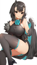  akizone alchemy_stars aqua_flower aqua_rose bare_shoulders black_footwear black_hair black_horns black_thighhighs breasts broken_horn brown_eyes female flower highres horns large_breasts legs looking_at_viewer parted_lips rose sariel_(alchemy_stars) shoes simple_background sitting solo thighhighs thighs white_background 