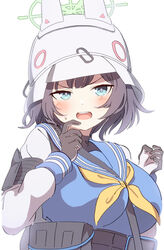  absurdres animal_ears animal_ears_helmet bazz000033 black_gloves black_hair blue_archive blue_eyes blue_sailor_collar blue_serafuku blush bob_cut breasts combat_helmet commentary female gloves grey_gloves halo hand_up helmet highres large_breasts long_sleeves multicolored_clothes neckerchief open_mouth pouch rabbit_ears sailor_collar saki_(blue_archive) school_uniform serafuku short_hair simple_background solo stahlhelm tactical_clothes teeth turtleneck two-tone_gloves upper_body upper_teeth_only v-shaped_eyebrows white_background white_headwear white_helmet yellow_neckerchief 