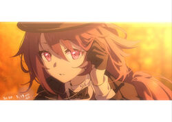  arknights black_gloves black_headwear black_jacket black_neckwear bow bowtie chinese_commentary close-up dated eyebrows_visible_through_hair female gloves hair_between_eyes hand_in_hair hat highres jacket kagura_tohru letterboxed long_hair looking_at_viewer melantha_(arknights) parted_lips purple_eyes purple_hair shirt solo white_shirt 