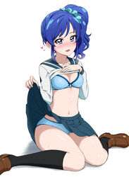  :d absurdres acchi_(koiyimknp) aikatsu! aikatsu!_(series) black_socks blue_bra blue_eyes blue_hair blue_panties blue_sailor_collar blue_scrunchie blue_skirt blush bra breasts brown_footwear cleavage clothes_lift collarbone collared_shirt female hair_ornament hair_scrunchie heart highres kiriya_aoi kneehighs lifting_own_clothes loafers long_hair long_sleeves looking_at_viewer medium_breasts miniskirt navel open_mouth panties pleated_skirt sailor_collar sailor_shirt school_uniform scrunchie serafuku shirt shirt_lift shoes side_ponytail simple_background sitting skirt skirt_lift smile socks solo sweatdrop underwear wariza white_background white_shirt 