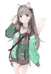  animal_ear_fluff animal_ears aqua_collar aqua_eyes aqua_nails bad_id bad_pixiv_id bag bell black_bow blush bow bubble_tea cat_girl cat_hair_ornament cat_tail closed_mouth collar cup drinking_straw female fingernails green_hoodie green_nails grey_hair hair_ornament hairbow heart heart_collar highres holding holding_cup hood hoodie long_hair neck_bell original simple_background sleeves_past_wrists solo star_(symbol) star_hair_ornament tail tongue tongue_out watarumi white_background zipper zipper_pull_tab 