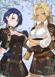  2girls belt black_hair blonde_hair blue_eyes breasts button_gap catherine_(fire_emblem) cleavage closed_mouth commentary_request crossed_arms dark-skinned_female dark_skin fire_emblem fire_emblem:_three_houses garreg_mach_monastery_uniform gloves hana-ko_(kahun9893) highres long_sleeves multiple_girls purple_eyes shamir_nevrand short_hair uniform 