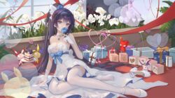  balloon blue_flower blue_rose breasts cake cake_slice calla_lily choker cleavage dress female flower food full_body gift gloves hair_flower hair_ornament happy_birthday high_heels highres holding holding_flower homei_(honkai_impact) homu_(honkai_impact) honkai_(series) honkai_impact_3rd looking_at_viewer purple_eyes purple_hair raiden_mei raiden_mei_(valkyrie_bladestrike) rose shoes single_shoe sitting solo strapless strapless_dress taichi_(yirkorn) thighhighs unworn_shoes white_choker white_dress white_flower white_footwear white_gloves white_thighhighs 