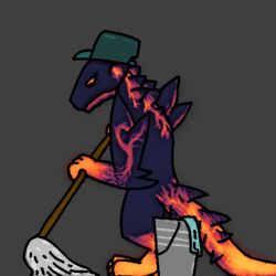  12colors 1:1 ambiguous_gender anthro bucket cleaning_tool clothing container elemental_creature glowing glowing_body glowing_eyes glowing_hands glowing_legs glowing_markings glowing_tail glowing_veins hat hat_only headgear headgear_only headwear headwear_only janitor lava lava_creature lava_dragon lava_dragon_(might_and_magic) lava_skin lava_tail looking_down low_res magma_dragon magma_dragon_(might_and_magic) markings mineral_fauna mop mopping mostly_nude orange_body orange_glow orange_hands orange_legs orange_tail scales solo spikes spikes_(anatomy) tail 