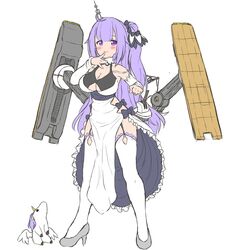  aged_up ahoge alternate_breast_size azur_lane black_bow black_ribbon bow breasts cleavage cleavage_cutout clothing_cutout commentary dress female firaness garter_straps hair_bun high_heels highres large_breasts long_hair looking_at_viewer one_side_up purple_eyes purple_hair ribbon single_hair_bun smile solo stuffed_animal stuffed_toy stuffed_unicorn stuffed_winged_unicorn thighhighs unicorn unicorn_(azur_lane) white_dress white_thighhighs 