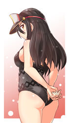  arms_behind_back ass black_hair black_one-piece_swimsuit blush border breasts brown_hair casual_one-piece_swimsuit commentary_request cougar_(cougar1404) female fishnet_swimsuit from_behind gradient_background long_hair looking_at_viewer morag_ladair_(obligatory_leave)_(xenoblade) morag_ladair_(xenoblade) official_alternate_costume one-piece_swimsuit outside_border see-through_one-piece_swimsuit sideboob solo swimsuit thighs visor_cap white_border xenoblade_chronicles_(series) xenoblade_chronicles_2 