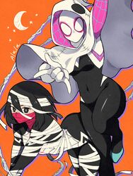  2girls absurdres alternate_costume animification black_hair bodysuit breasts cindy_moon commentary covered_navel crescent_moon highres hood hooded_bodysuit looking_at_viewer marvel mask medium_breasts moon mouth_mask multiple_girls short_hair silk silk_(marvel) skin_tight spider-gwen spider-man_(series) spider_web spider_web_print superhero_costume sushi_pizza_rrr symbol-only_commentary 