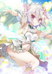  antenna_hair armpits bare_shoulders boots breasts closed_mouth clothing_cutout collared_dress commentary_request dress elf female flower hair_between_eyes hair_flower hair_ornament highres kokkoro_(princess)_(princess_connect!) kokkoro_(princess_connect!) leg_up light_particles looking_at_viewer navel navel_cutout outstretched_arms pink_flower pointy_ears porurin princess_connect! princess_form_(princess_connect!) red_eyes short_hair sidelocks small_breasts solo white_hair 