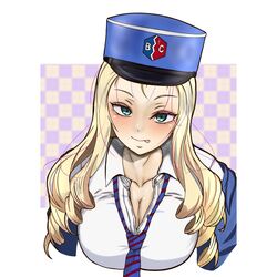  bc_freedom_(emblem) bc_freedom_military_uniform bc_freedom_school_uniform blonde_hair blue_hat blue_jacket blush breasts checkered_background dress_shirt drill_hair emblem female girls_und_panzer green_eyes hat highres jacket kaisoku556 licking_lips long_hair long_sleeves looking_at_viewer marie_(girls_und_panzer) military_hat school_uniform shirt smile solo tongue tongue_out white_shirt 