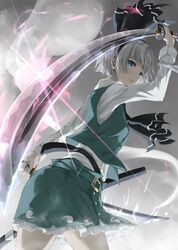  absurdres ascot black_ascot black_hairband blue_eyes dual_wielding female green_skirt green_vest grey_hair hairband highres hitodama holding holding_sword holding_weapon katana konpaku_youmu long_sleeves looking_at_viewer otomeza_ryuseigun protected_link short_hair skirt solo sword touhou vest wakizashi weapon 