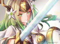  clear_glass_(mildmild1311) commentary_request eyes_visible_through_hair female fire_emblem fire_emblem:_three_houses flower green_eyes green_hair hair_flower hair_ornament highres holding holding_sword holding_weapon long_hair seiros_(fire_emblem) seiros_shield solo sword sword_of_seiros twitter_username upper_body weapon white_flower 