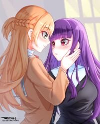  2girls artist_request asagami_fujino braid brown_hair closed_mouth commentary covered_collarbone crossover english_commentary fate/grand_order fate_(series) green_eyes hand_on_another&#039;s_cheek hand_on_another&#039;s_face highres hime_cut imminent_kiss kara_no_kyoukai lipgloss long_hair looking_at_another multiple_girls purple_hair reien_girl&#039;s_academy_school_uniform saeki_sayaka school_uniform smile third-party_source tohmi_higashi_high_school_uniform yagate_kimi_ni_naru yuri 