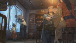  4boys apron arm_up bandaged_arm bandages belt black_gloves black_hair blonde_hair blue_cape blurry boots brown_footwear bun_cover cape ceiling chair chest_of_drawers commentary condensation depth_of_field door extra facing_away first_aid flik_(suikoden) from_below garlic gensou_suikoden gensou_suikoden_ii glass_writing gloves green_shirt hair_bun hand_on_another&#039;s_arm hanging_food head_out_of_frame headband height_difference holding_another&#039;s_arm huan_(suikoden) jar layered_sleeves leaning_forward lolicon long_hair long_sleeves low-tied_long_hair maid male_focus medicine multiple_boys muscular muscular_male onion outstretched_arm photoshop_(medium) pointing red_skirt robe sash shelf shirt shoes short_sleeves single_hair_bun sitting skirt sleeveless socks standing stone_floor stone_wall stool tabard table tiptoes tuta_(suikoden) viktor_(suikoden) wall white_apron window window_fog wood wooden_ceiling wooden_door yagen_(tool) zhuzi 