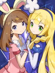  2girls asagi1111 blonde_hair blue_dress blue_hairband blush braid brown_hair closed_mouth commentary_request dress elbow_gloves eyelashes from_side gloves green_eyes grey_eyes hairband hands_up highres lillie_(anniversary_2021)_(pokemon) lillie_(pokemon) long_hair looking_to_the_side may_(pokemon) may_(spring_2021)_(pokemon) multiple_girls official_alternate_costume pink_dress pokemon pokemon_masters_ex smile twin_braids white_gloves wrist_cuffs yellow_hairband 