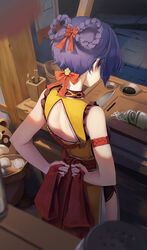  apron arm_strap arms_behind_back back back_cutout back_focus backless_outfit baozi blue_hair blurry bow bowl braid braided_hair_rings chopsticks clothing_cutout cooking counter cutting_board depth_of_field facing_away female food frills from_above from_behind genshin_impact guoba_(genshin_impact) hair_rings highres holding holding_plate kitchen kitchen_knife leviathan_(hikinito0902) nape onion paw_print pepper_shaker plate red_apron red_bow salt_shaker sauce shirt short_hair short_shorts shorts sleeveless sleeveless_shirt solo_focus tying_apron xiangling_(genshin_impact) 