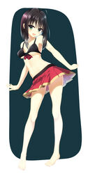  :d ahoge alternate_costume arms_at_sides bare_arms bare_legs barefoot bikini black_bikini black_hair blush breasts collarbone commentary curvy eyes_visible_through_hair female full_body green_eyes hair_between_eyes head_tilt highres hitachi_mako looking_at_viewer medium_breasts midriff miniskirt navel open_mouth pleated_skirt red_skirt senren_banka shiny_skin short_hair_with_long_locks skirt smile solo standing straight_hair swimsuit tachibana_akane_(akane780u) thighs underboob 