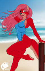  2022 anthro barefoot beach black_nose blue_eyes breasts cheyanne_matoka claws cleavage clothed clothing curling_toes digital_media_(artwork) feet female finger_claws fingers flat_colors fur ghostwolf hair hand_behind_head humanoid_feet humanoid_hands long_hair mammal mustelid navel_outline one-piece_swimsuit open_mouth open_smile otter outside pink_hair plantigrade raised_foot red_body red_fur sand sea sea_otter seaside signature smile solo swimwear toe_claws toes tongue water 