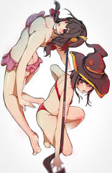  2girls armpit_crease ass back bare_arms bare_legs barefoot bikini black_hair black_headwear blurry_edges blush bow braid breasts cleavage commentary_request crown_braid curvy dermar double-parted_bangs eyelashes fighting_stance frilled_bikini frills full_body hair_between_eyes hair_ribbon hairbow hat head_tilt highres holding holding_staff kneeling kono_subarashii_sekai_ni_bakuen_wo! kono_subarashii_sekai_ni_shukufuku_wo! large_breasts light_blush long_hair looking_at_viewer low_twintails megumin multiple_girls open_mouth paid_reward_available pink_bikini red_bikini red_bow red_eyes red_ribbon ribbon short_hair_with_long_locks sidelocks simple_background small_breasts soles staff standing swimsuit thighs tiptoes twintails white_background witch_hat yunyun_(konosuba) 