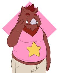  2022 anthro blush bottomwear closed_eyes clothing harushipanda hi_res humanoid_hands male mammal overweight overweight_male pants password_(visual_novel) roswell_(password) shirt simple_background solo suid suina sus_(pig) topwear wild_boar 