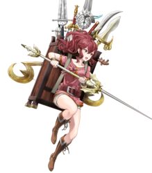  anna_(fire_emblem) backpack bag belt boots bow bowtie bracelet brown_footwear charm_(object) collarbone female fire_emblem fire_emblem_awakening fire_emblem_heroes full_body high_heel_boots high_heels highres holding holding_weapon jewelry kaya8 knee_boots long_hair multiple_weapons non-web_source official_art open_mouth polearm ponytail red_eyes red_hair short_sleeves shorts sidelocks solo spear transparent_background weapon 