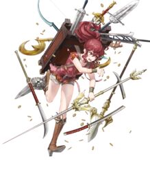  anna_(fire_emblem) backpack bag belt blush boots bow bow_(weapon) bowtie bracelet broken broken_sword broken_weapon brown_footwear charm_(object) coin collarbone female fire_emblem fire_emblem_awakening fire_emblem_heroes full_body gold high_heel_boots high_heels highres holding holding_weapon jewelry kaya8 knee_boots leg_up long_hair multiple_weapons naginata non-web_source official_art open_mouth polearm ponytail red_eyes red_hair short_sleeves shorts sidelocks solo spear sword transparent_background weapon 