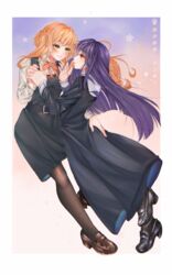  2girls absurdres akarihoshii asagami_fujino blush braid brown_hair commentary crossover dress english_commentary face-to-face fate/grand_order fate_(series) green_eyes hand_on_own_hip highres hime_cut holding_hands imminent_kiss jewelry kara_no_kyoukai long_hair looking_at_another md5_mismatch multiple_girls pantyhose pinafore_dress purple_hair red_eyes reien_girl&#039;s_academy_school_uniform ring saeki_sayaka school_uniform sleeveless sleeveless_dress smile tohmi_higashi_high_school_uniform uniform yagate_kimi_ni_naru yuri 