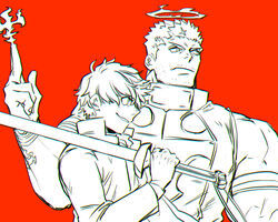  2boys armor asahi_(zabaniyan) bara black_bodysuit black_hair bodysuit breastplate facial_hair fire flaming_halo from_side halo holding holding_sword holding_weapon looking_to_the_side male_focus monochrome multiple_boys muscular muscular_male orange_background orange_theme over_shoulder pectorals protagonist_4_(housamo) short_hair smile stubble sword tokyo_afterschool_summoners weapon weapon_over_shoulder zabaniyya_(housamo) 