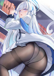  ass black_pantyhose blue_archive crotch_seam female formal from_below halo headphones highres jacket konka long_hair looking_at_viewer mechanical_halo miniskirt noa_(blue_archive) off_shoulder panties pantyhose pantyshot pleated_skirt purple_eyes shirt skirt suit underwear very_long_hair white_hair white_jacket white_panties white_shirt white_suit 