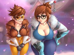  2girls ange1witch armor bent_over black-framed_glasses blizzard_entertainment brown_eyes cherry_blossoms cleavage clothed collarbone cowboy_shot eyewear female female_only front_view fur_trim glasses gloves hair_bun hair_stick hand_on_hip human jacket looking_at_viewer mei_(overwatch) multiple_girls nipple_bulge outdoors overwatch presenting presenting_breasts smile thick_thighs thigh_gap tracer 