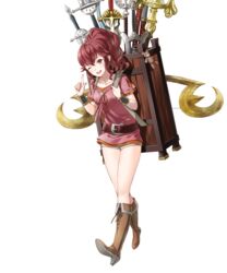  anna_(fire_emblem) backpack bag belt blush boots bracelet breasts brown_footwear charm_(object) collarbone female fire_emblem fire_emblem_awakening fire_emblem_heroes full_body high_heel_boots high_heels highres index_finger_raised jewelry kaya8 knee_boots long_hair looking_at_viewer medium_breasts multiple_weapons non-web_source official_art one_eye_closed open_mouth ponytail red_eyes red_hair short_sleeves shorts sidelocks smile solo transparent_background weapon 