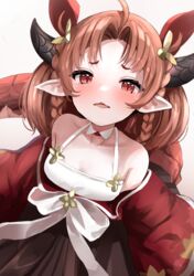  ahoge azur_lane bare_shoulders black_skirt blush breasts brown_eyes brown_hair commentary dragon_girl dragon_horns dragon_tail female hair_ornament halterneck highres horns japanese_clothes kimono long_hair long_sleeves looking_at_viewer manda_(manda9n) natori_(azur_lane) off_shoulder open_mouth pointy_ears red_kimono simple_background skirt small_breasts solo tail tears 