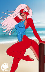  2022 anthro barefoot beach black_nose blue_eyes breasts cheyanne_matoka claws cleavage clothed clothing curling_toes digital_media_(artwork) feet female finger_claws fingers flat_colors fur ghostwolf hair hand_behind_head humanoid_feet humanoid_hands long_hair mammal mustelid navel_outline one-piece_swimsuit open_mouth open_smile otter outside pink_hair plantigrade raised_foot red_body red_fur sand sea sea_otter seaside signature smile solo swimwear toe_claws toes tongue water white_hair 