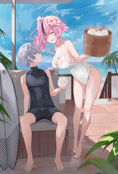  1boy bamboo_steamer baozi bare_arms bare_legs bare_shoulders breasts casual_one-piece_swimsuit cleavage cleavage_cutout closed_mouth clothing_cutout covered_navel day dema_hmw facing_another female flower food grey_hair hair_flower hair_ornament han_lu_(tower_of_fantasy) high_heels highres holding lan_(tower_of_fantasy) large_breasts long_hair looking_at_another multicolored_hair one-piece_swimsuit open_mouth outdoors pink_hair short_hair side_ponytail smile spaghetti_strap streaked_hair swimsuit thighs tower_of_fantasy white_footwear white_one-piece_swimsuit 