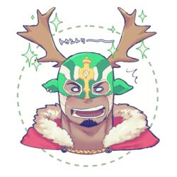  1boy animal_costume animal_ears antlers bara blush check_translation covered_abs cow_ears cropped_shoulders dark-skinned_male dark_skin fake_animal_ears fur-trimmed_jacket fur_trim horns ikusaba_daisuke jacket male_focus o_o reindeer_antlers reindeer_costume solo taurus_mask tokyo_afterschool_summoners translation_request wrestling_mask wrestling_outfit yunosuke 