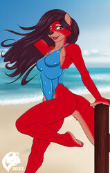  2022 anthro barefoot beach black_hair black_nose blue_eyes breasts cheyanne_matoka claws cleavage clothed clothing curling_toes digital_media_(artwork) feet female finger_claws fingers flat_colors fur ghostwolf hair hand_behind_head humanoid_feet humanoid_hands long_hair mammal mustelid navel_outline one-piece_swimsuit open_mouth open_smile otter outside plantigrade raised_foot red_body red_fur sand sea sea_otter seaside signature smile solo swimwear toe_claws toes tongue water 